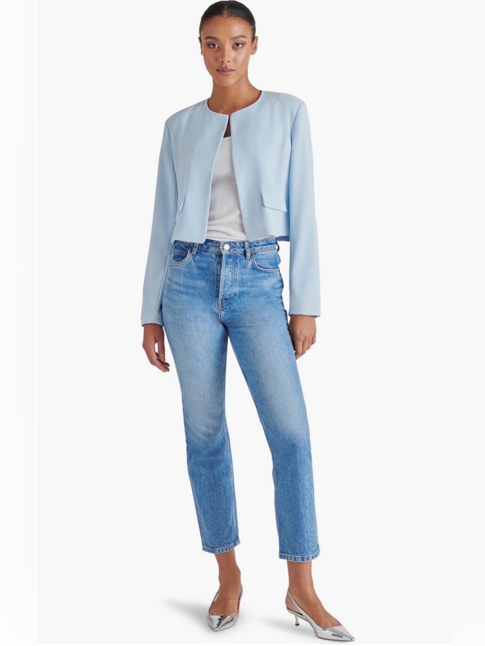NEW…Steve Madden Light Blue Cropped Open-Front Women's Jacket - Picture 3 of 6